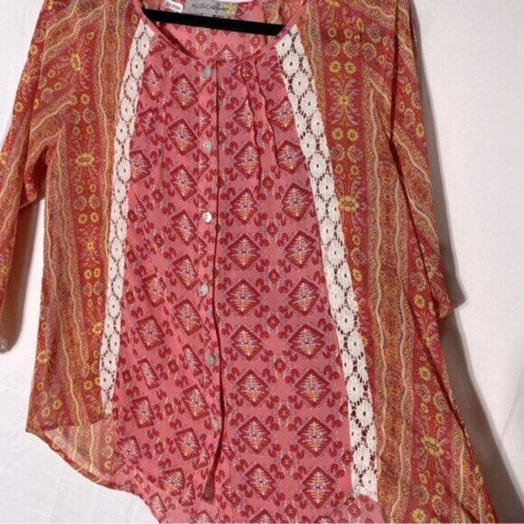 Figueroa And Flower Orange Link Multi Print Semi Sheer Long Sleeve Boho Blouse M - Picture 9 of 15